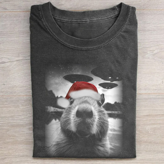 Christmas Capybara Selfle With UFO Art Acid Wash Tee