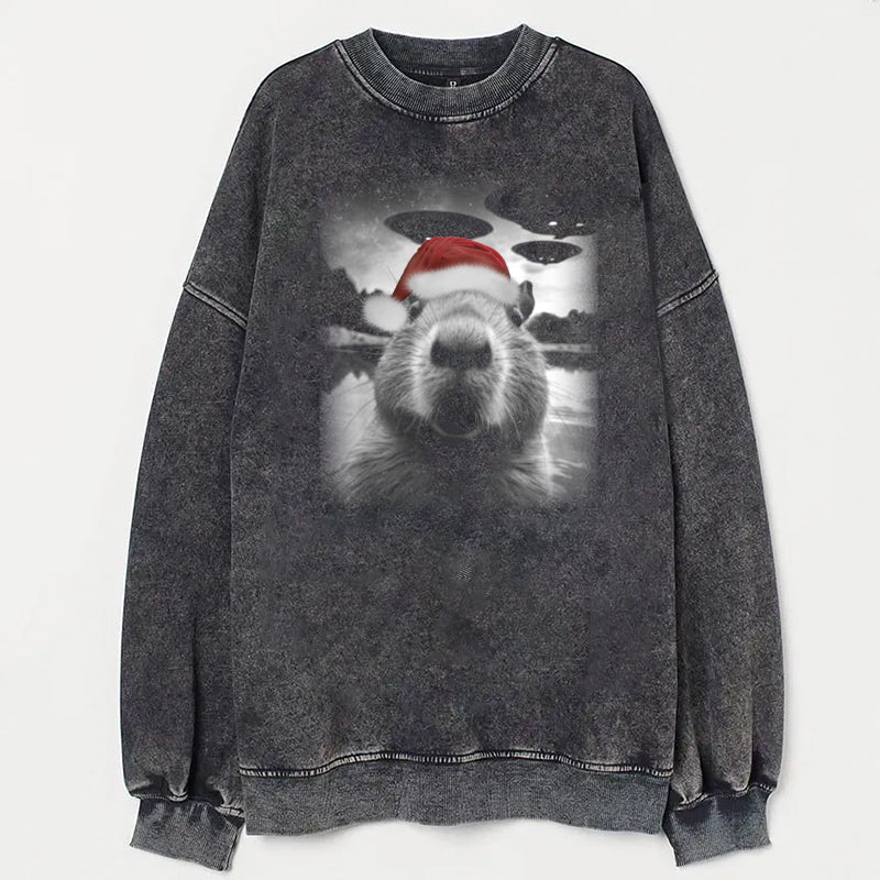 Christmas Capybara Selfle With UFO Art Acid Wash Sweatshirt