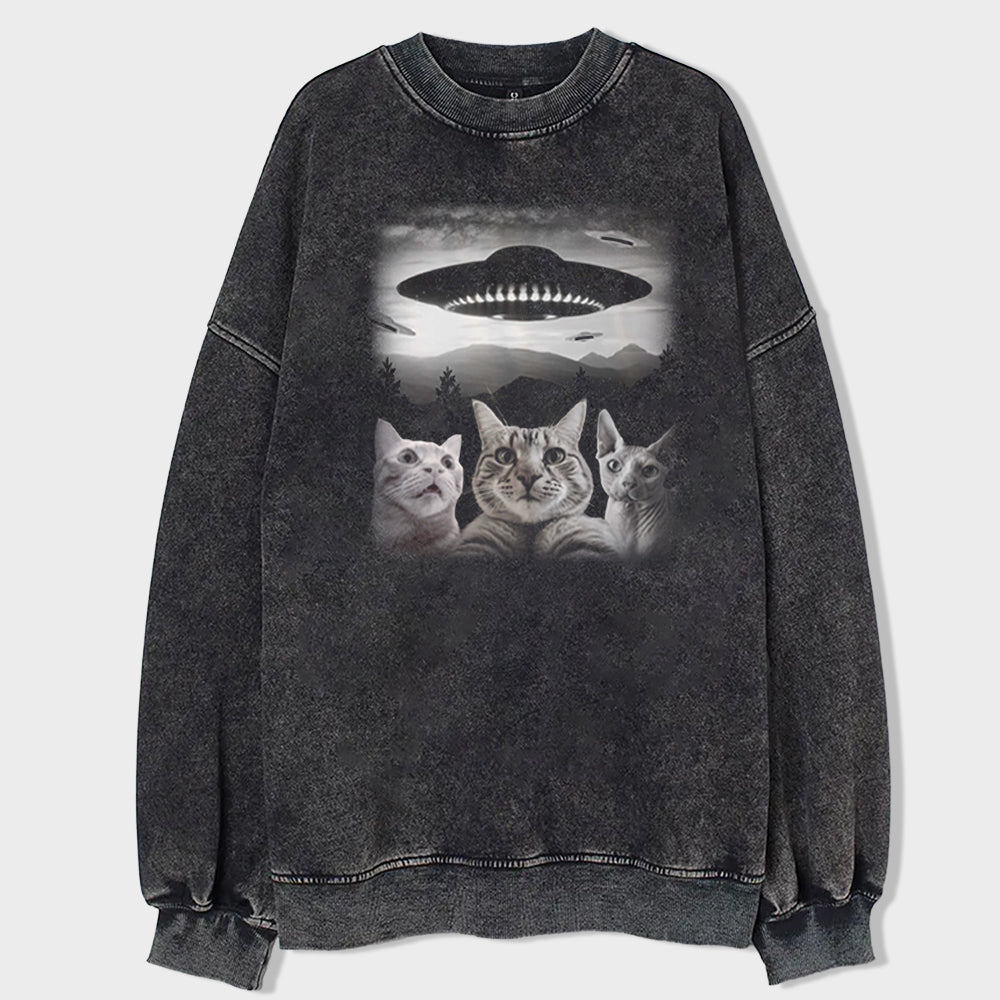 Cat Selfie With UFO Art Acid Wash Sweatshirt