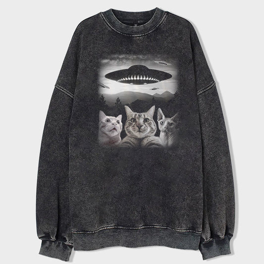 Cat Selfie With UFO Art Acid Wash Sweatshirt