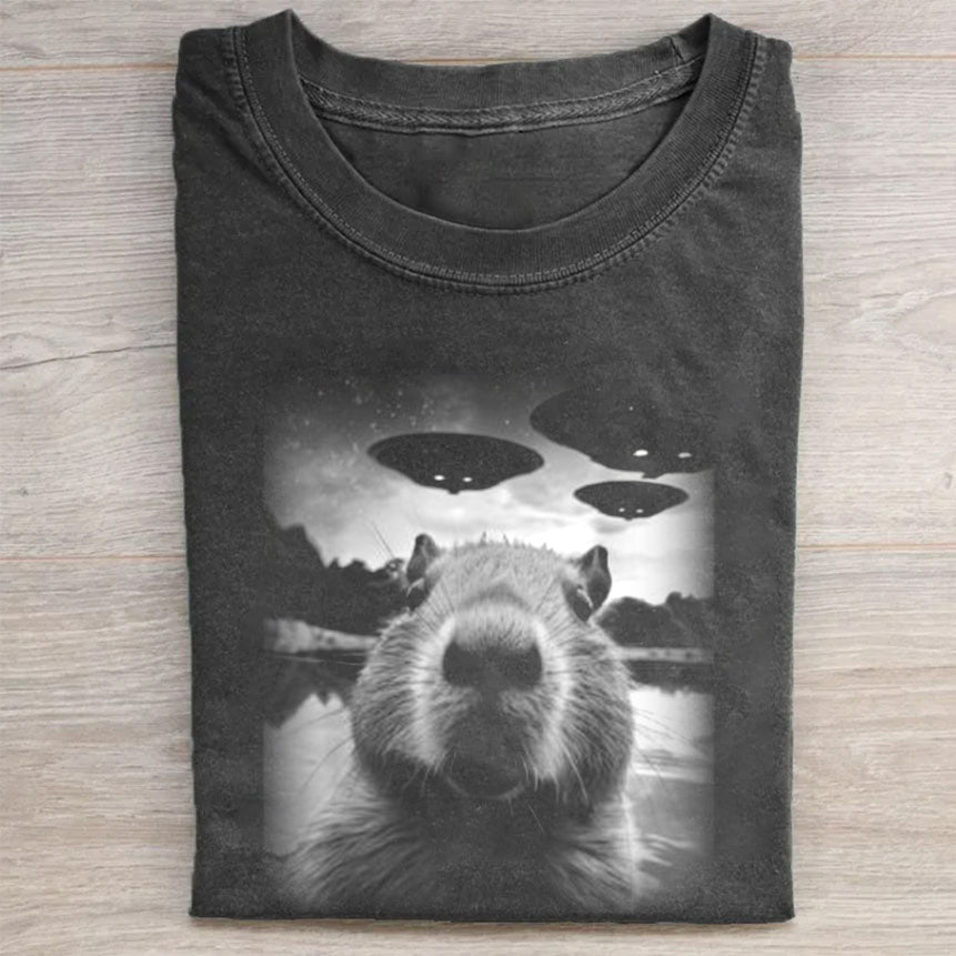 Christmas Capybara Selfle With UFO Art Acid Wash Tee