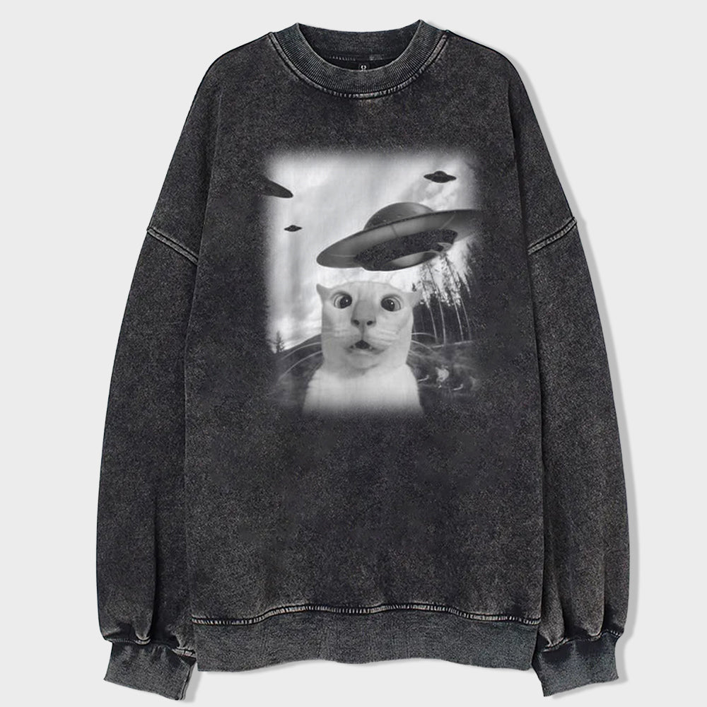 Cat Selfie With UFO Art Acid Wash Sweatshirt