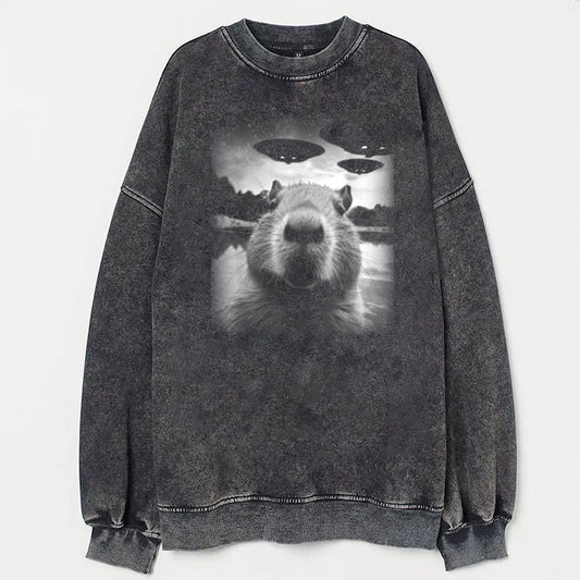 Christmas Capybara Selfle With UFO Art Acid Wash Sweatshirt